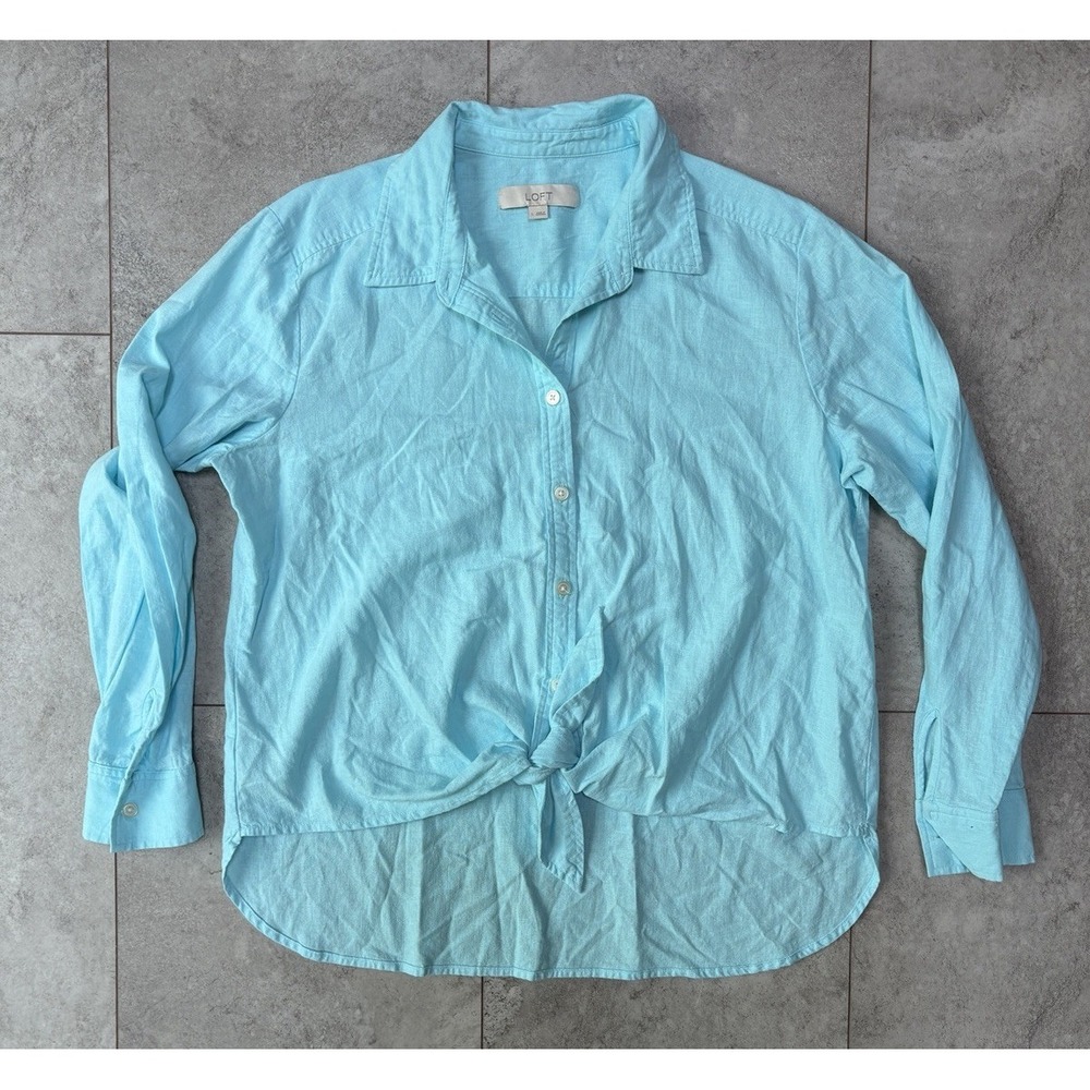 LOFT Women's Large Blue Linen Blend Long Sleeve Button Beachy Coastal Front Tie
